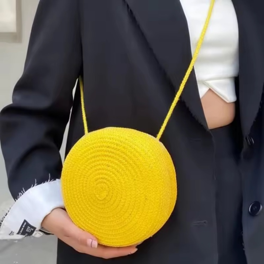 Round Yellow Woven Straw Raffia Round Crossbody Bag Purse Summer Handbag Bright - Picture 5 of 7